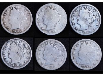6 Liberty 'V' Nickels 1899-1912  (42vmb8)