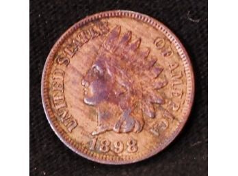 1898 Indian Head Cent / Penny  FULL LIBERTY 4 DIAMONDS  AU NEAR UNCIRCULATED! Nice TIGER STRIPE Color! (pha22)
