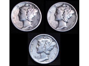 3 Mercury Silver Dimes 1941 1942  1943 Nice!  (82wes)