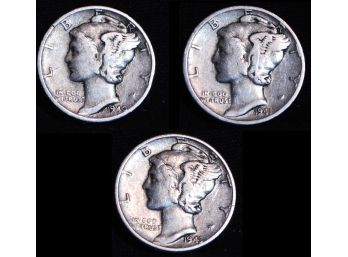 3 Mercury Silver Dimes 1940  1941  1943 NICE!  (mta22)