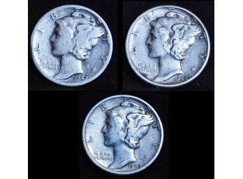 3 Mercury Silver Dimes 1945  1945-D  1942-D  (cwe6)