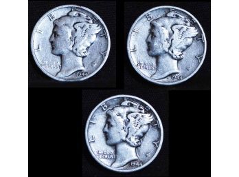 3  1944-P Mercury Silver Dimes FINE (tye43)