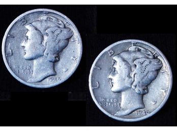 2 Mercury Silver Dimes 1940  1945-S  (82hur)