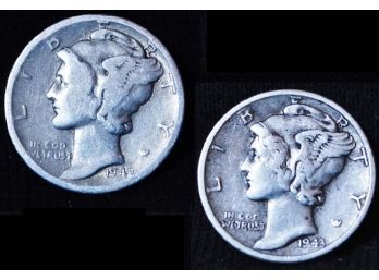 2 Mercury Silver Dimes 1942-D  1943-D  (5abz)