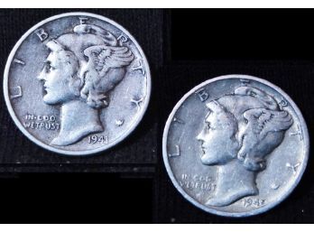 2 Mercury Silver Dimes 1941  1945-D  (3ndc4)