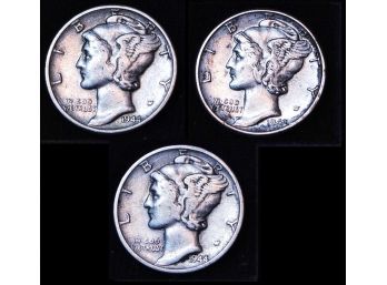 3 Mercury Silver Dimes  1944  1944-S  1943  NICE LOT! (adb1)