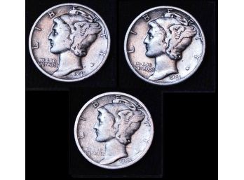 3  1941 P/S/D  Mercury Silver Dimes NICE LOT! (jef32)