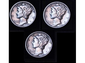 3  Mercury Silver Dimes 1942  1943-D  1943-S  NICE LOT! (1qsa7)