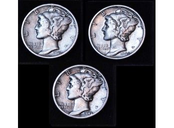 3  Mercury Silver Dimes 1941  1942  1943 NICE LOT! (bpc5)