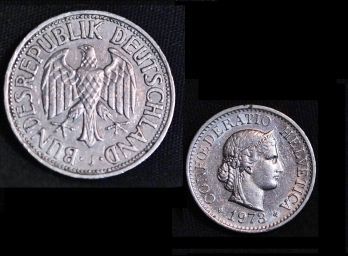 1956 W. German One Deutsche Mark & 1973 Swiss Confederatio Helvetica 10 Rappen  (6ahh4)