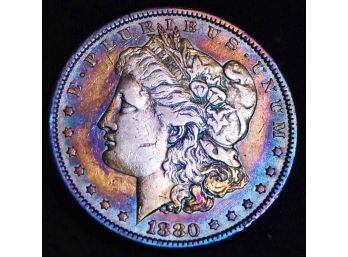 1880 Morgan Silver Dollar Rainbow Toning!  (7qag2)