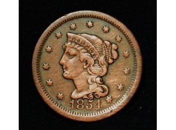 1854 Braided Hair Coronet Large Cent XF Full Liberty (hr9)