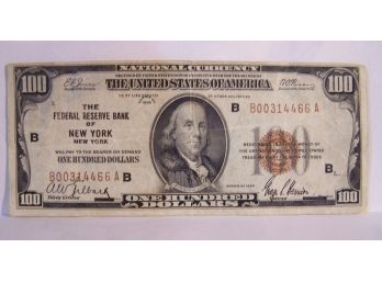 1929 $100 Dollar PAPER BILL Federal Reserve Bank Note NY Brown Seal Very LOW Serial Number