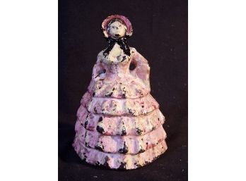 Antique Cast Iron Door Stop Victorian Lady / Girl In Pink Dress In Original Paint