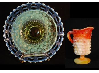 2 Pcs Vintage Opalescent Glass Lacey FENTON Reticulated Plate & Kanawha Slag Glass Hobnail Pitcher