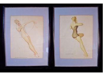 2 Vintage Framed Prints Esquire Pin-Up Girls Cheesecake By American Artist GEORGE PETTY Signed