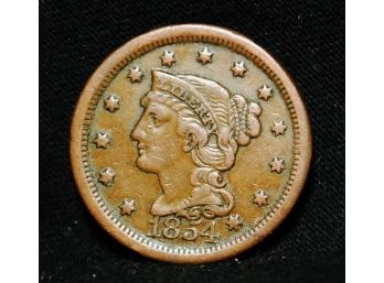 1854 Braided Hair Coronet Large Cent / Penny Fine Full  Liberty (adr)