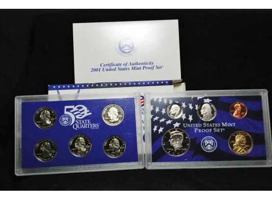 2001-S US Mint PROOF SET Includes 5 State Quarter Proofs & COA 10 COINS (fet)