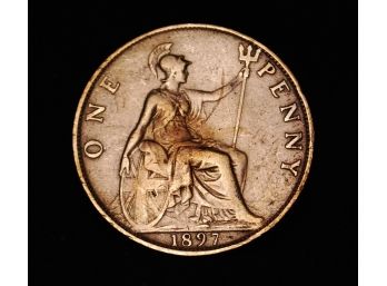 1897 Great Britain Seated Britannia One Penny Bronze Victoria Large Cent (nt3)