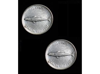 Lot Of 2 1967 Canadian 10 Cents / Dimes W/ Mackerel FISH 50 Percent Silver NICE! (ad2)