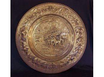 Large Vintage Brass Repousee Charger Platter Wall Hanging Plaque Coaching Scene Ready-to-hang