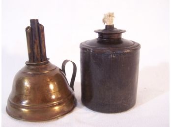Lot Of 2 Antique Whale Oil Lamps 1 Is Brass W/ Engraved Handle