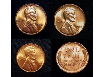 3  1951-S Lincoln Wheat Cents Pennies BU Brilliant Uncirc Superb Proof-like (cc7)
