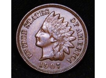 1907 Indian Head Cent Penny FULL LIBERTY / Diamonds Closely Circulated AU (dob5)