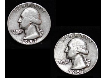 Lot Of (2)  1957-D  Silver Washington Quarters 90 Percent Silver NICE  (kam7)