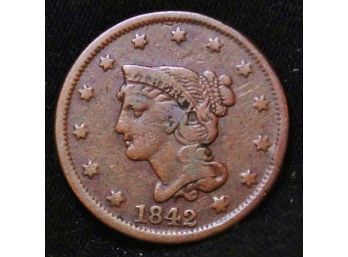1842 Braided Hair / Coronet Large Cent Penny FULL LIBERTY Closely Circulated (abn3)
