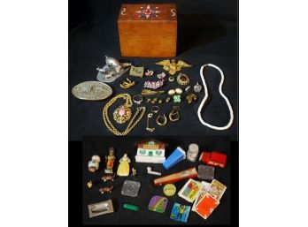 'JUNK DRAWER' Recipe Box Lot Jewelry, Rings, Trinkets, Souvenirs, Earrings, Brooches, Pendants, Belt Buckle