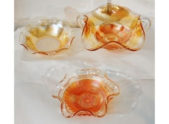 3 Vintage Marigold Carnival & Depression Glass Bowls NORTHWOOD Star & Rays, Waterlily, Jeanette Floragold
