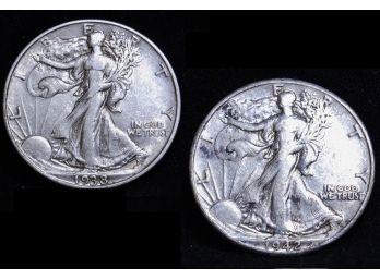 Lot Of 2 Choice Walking Liberty Half Dollars 1938 & 1942 EX Fine Plus! (jjy6)
