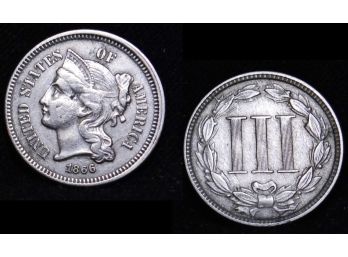 1866 Three Cent Piece / Silver Nickel / Piece XF Plus!!! AU Uncliruclated WOW! Complete Column Lines! (xyz9)