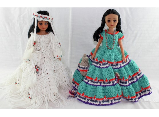 2 Vinyl Indian Dolls With Crocheted Native Dresses