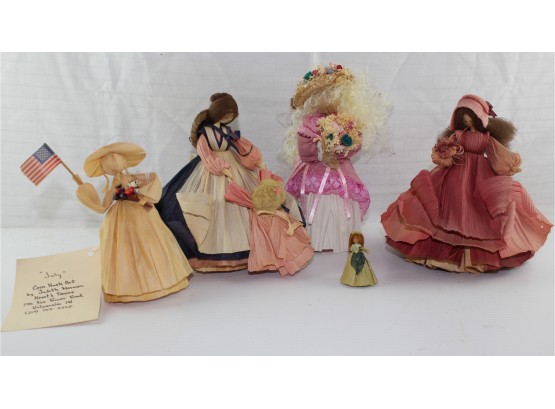Lot Of 5 Corn Husk Dolls, Various Sizes, One With A Child