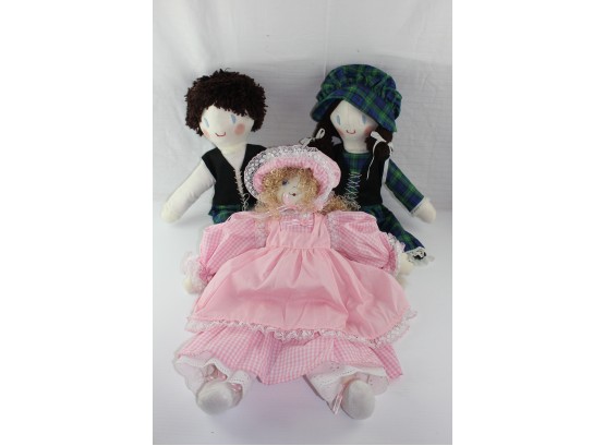 3 Misc -  19' Cloth Dolls, Boy And Girl Have Embroidered Face, Girl In Pink Painted Face