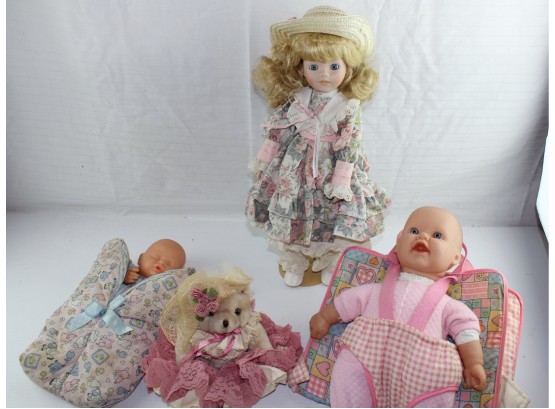 4 Misc, Bear, Doll On Stand, Puppet Baby In Sleeping Bag, Baby In Backpack