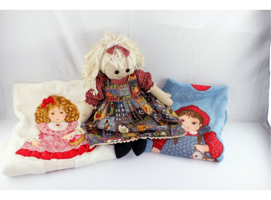 Cute Soft Doll With Yarn Hair With Two Appliqued Doll Towels