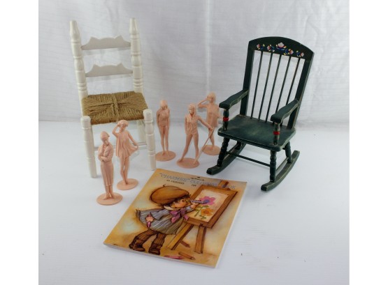 Set Of Plastic Dolls, 2 Doll Chairs And The Coloring Book