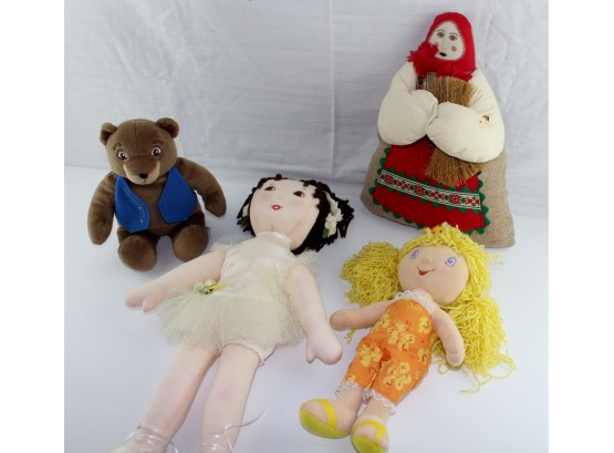 4 Misc Dolls, 1 Strawberry Shortcake, 1 Bear, Soft Cloth Ballerina Doll Embroidered Face