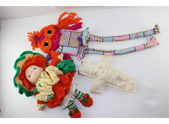 Lot Of 3 Soft Dolls, One With Crocheted Outfit