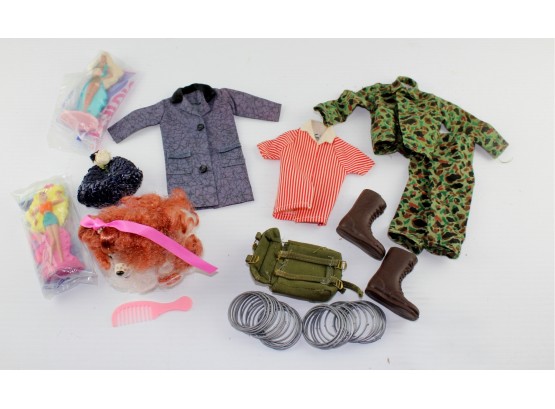 Miscellaneous Bag Of Accessories And Tagged Doll Clothes, Ken, GI Joe And Tammy