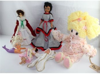 6 Misc. Dolls- Embroidered Face Soft Cloth, Palm Pals Bean Bag Kid, Vinyl Indian Crocheted Dress