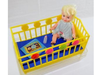 Suzy Cute Doll In Crib, 7in Doll, 9 1/2 Inch Crib, Cracked Plastic Case
