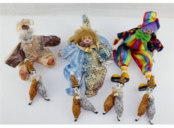 7 Clown Dolls 12-inch Bisque And Porcelain Striped Clown, 4  5' Jesters