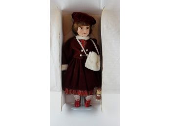 18 Inch Porcelain Doll In Box, Ornament And Stand