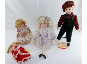4 Misc. Bisque Dolls, Sitting Doll Musical, 1990 Heritage Mint Boy In Overalls