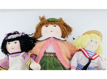 3 Mary Engelbreit Dolls, One With Cherry Basket One With School Clothes One With Plaid Sailor Outfit
