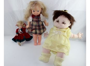3 Misc Dolls, 17' Eegee Plastic Doll, Large Yellow Embroidered Face Soft Body, Red Dress Moves & Winds Up
